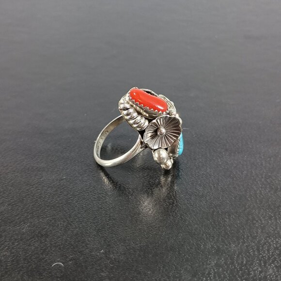 Native America Navajo Sterling Silver Coral & Turquoise Ring Max Calladitto 8.50 - Picture 2 of 8